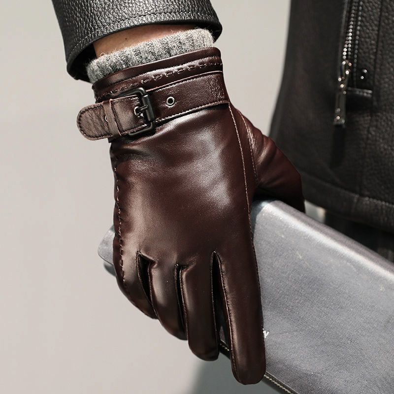 Men's Leather Gloves with Brushed Wool Lining and Adjustable Wrist Strap 0