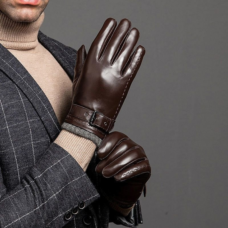 Men's Leather Gloves with Brushed Wool Lining and Adjustable Wrist Strap 4