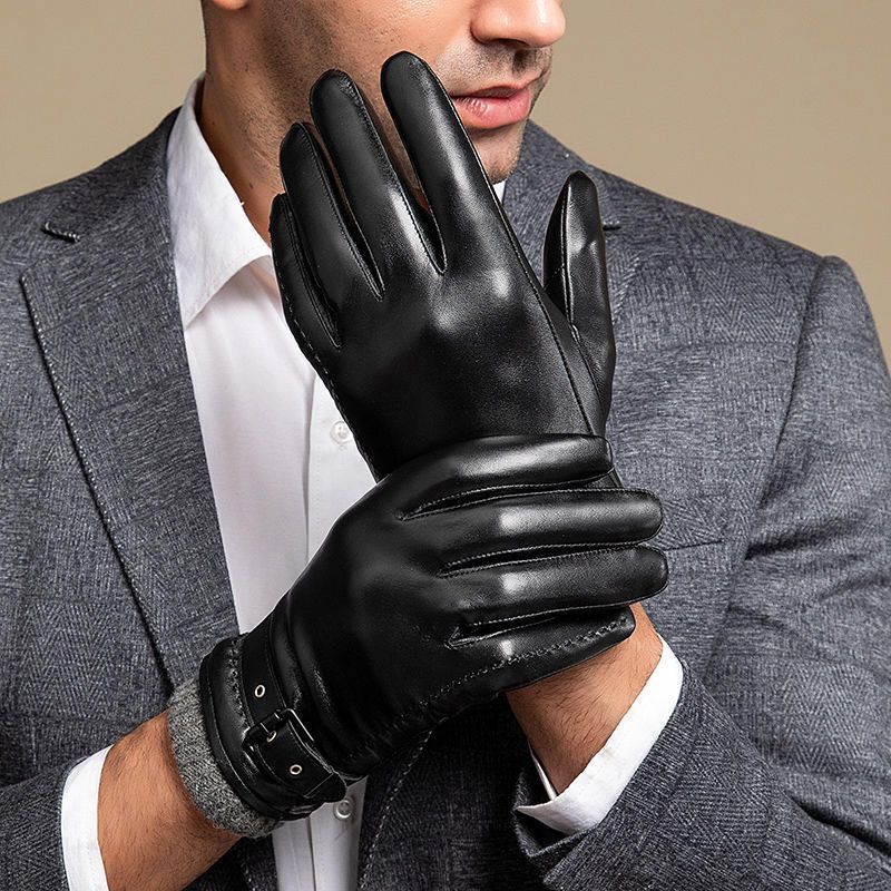 Men's Leather Gloves with Brushed Wool Lining and Adjustable Wrist Strap 5