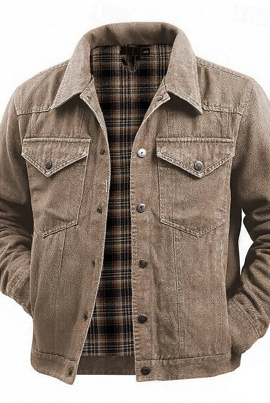 Men's Lined Trucker Jacket with Plaid Interior and Button-Front Closure 0