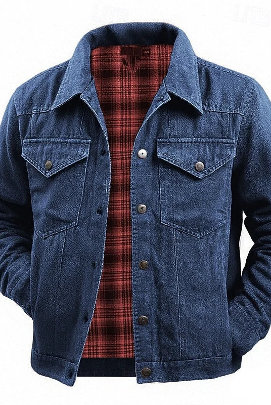 Men's Lined Trucker Jacket with Plaid Interior and Button-Front Closure 1