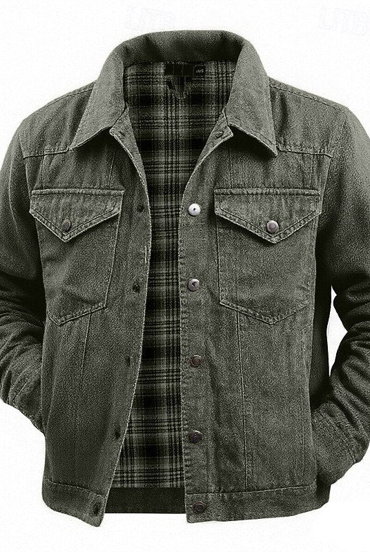Men's Lined Trucker Jacket with Plaid Interior and Button-Front Closure 2
