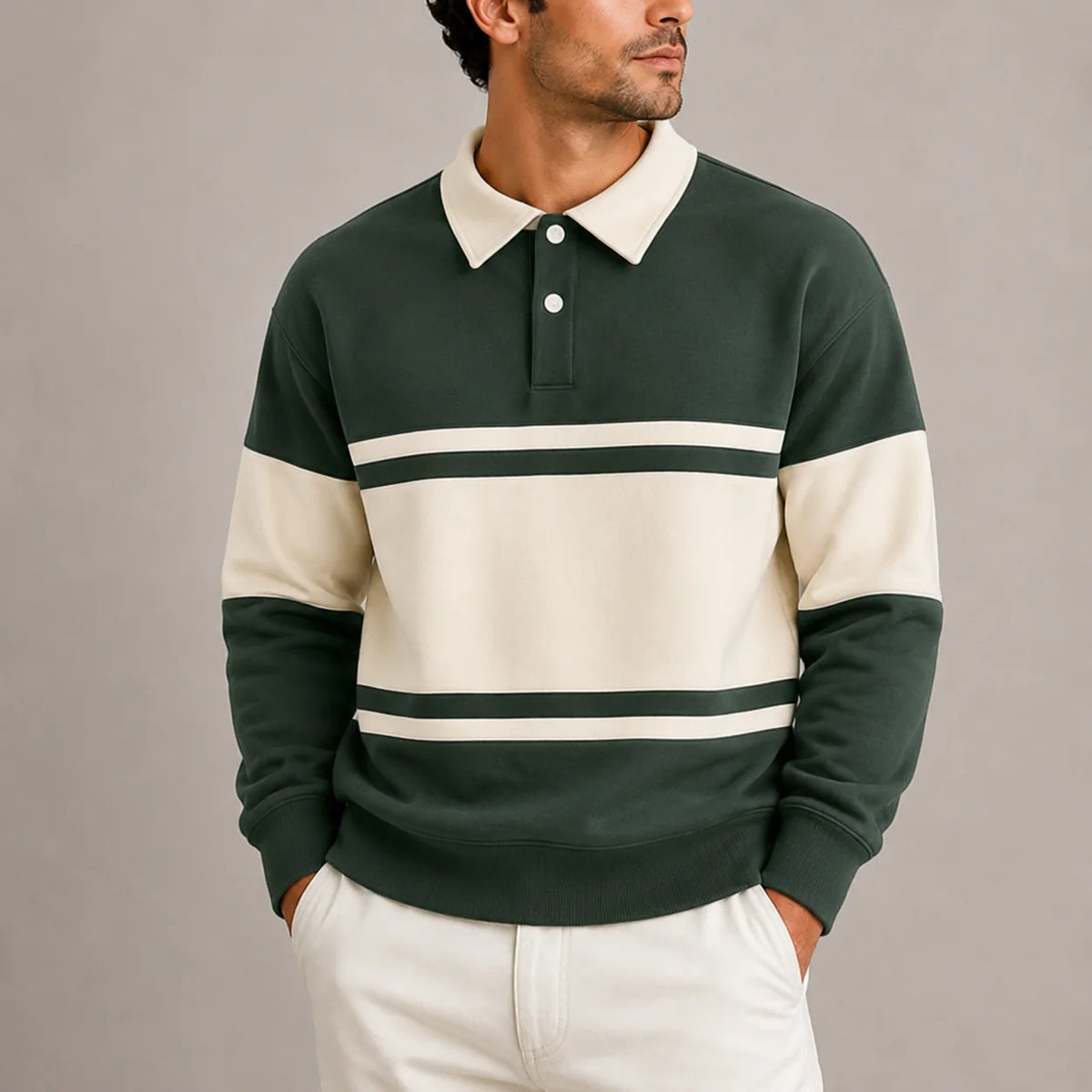 Men's Long Sleeve Colour Block Polo Sweatshirt with Contrasting Collar 0