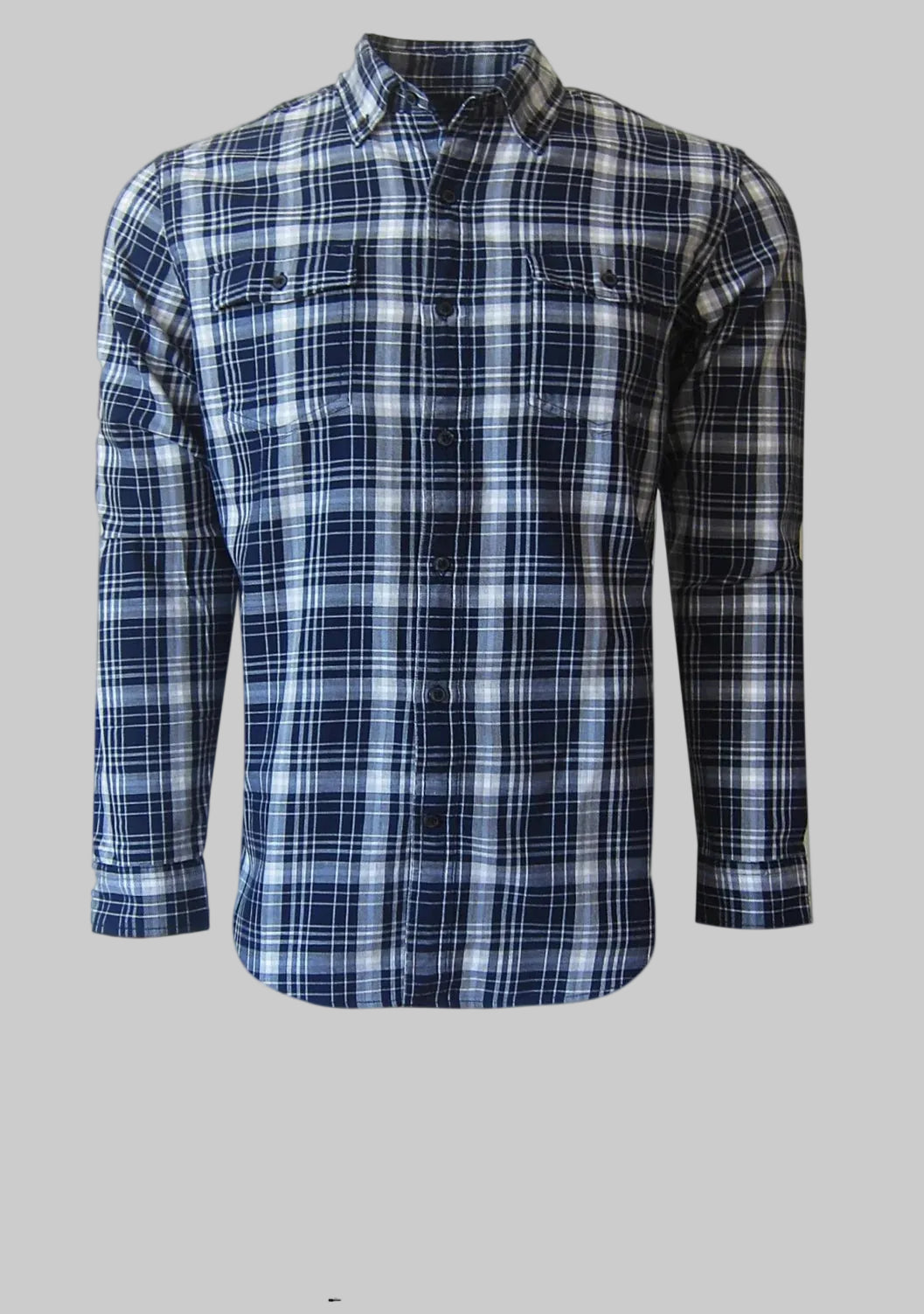 Men's Long Sleeve Cotton Flannel Shirt with Navy-Gray Plaid Design 1