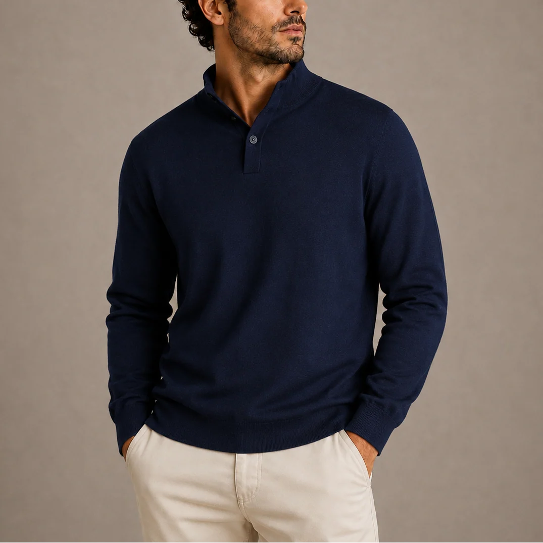 Men's Long Sleeve Knit Polo Sweater with Buttoned Collar and Ribbed Cuffs 2