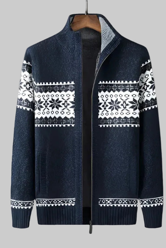 Men's Norwegian Pattern Zip-Up Cardigan with High Collar 0