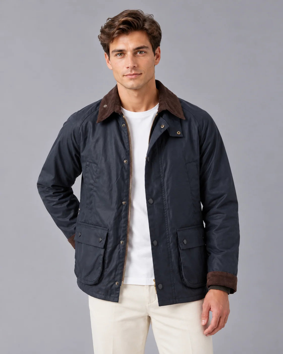 Men's Oil-Waxed Nylon Barn Jacket with Corduroy Collar 1