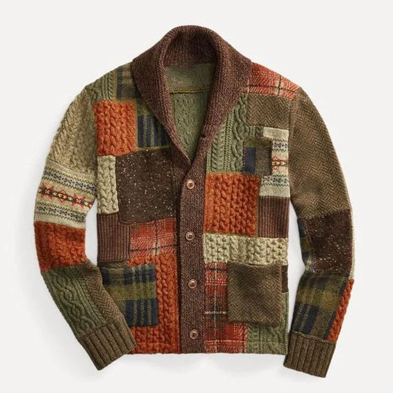 Men's Patchwork Cable-Knit Shawl Collar Cardigan Sweater 0