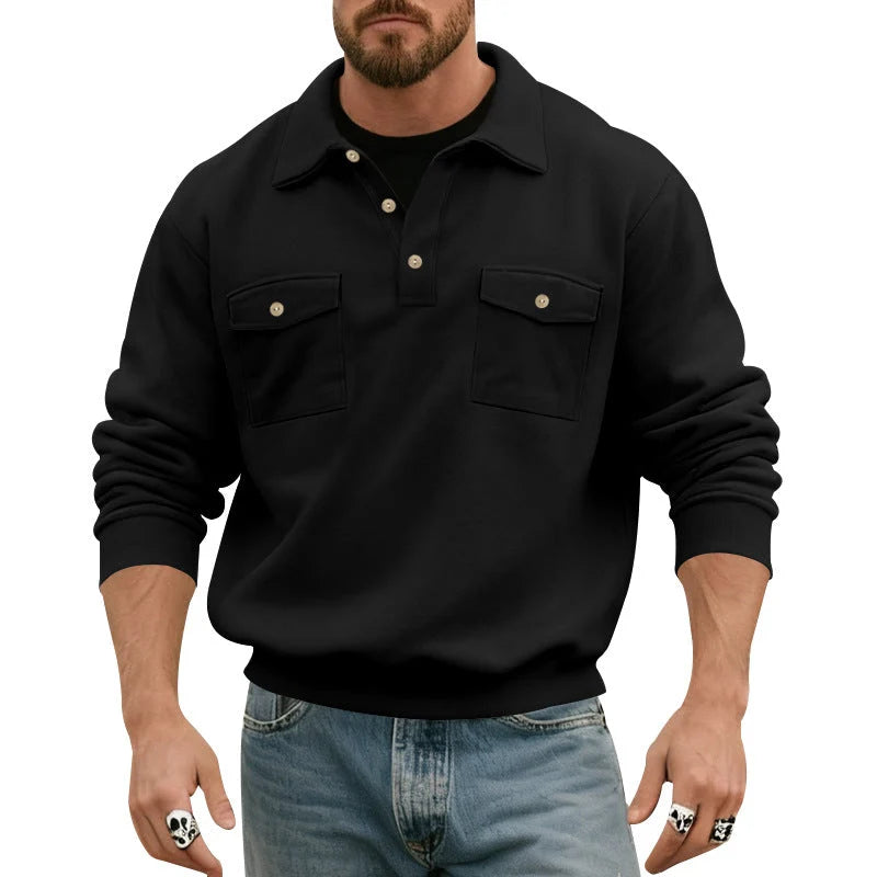 Men's Polo Collar Sweatshirt with Patch Chest Pockets and Ribbed Cuffs 0