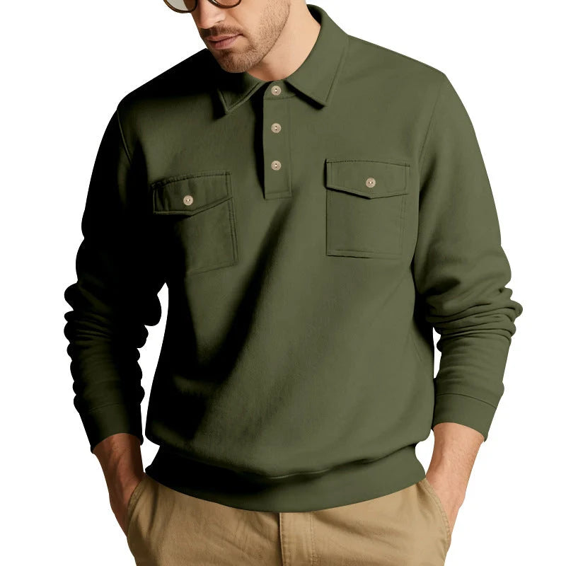 Men's Polo Collar Sweatshirt with Patch Chest Pockets and Ribbed Cuffs 4