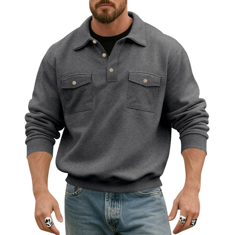 Men's Polo Collar Sweatshirt with Patch Chest Pockets and Ribbed Cuffs 9