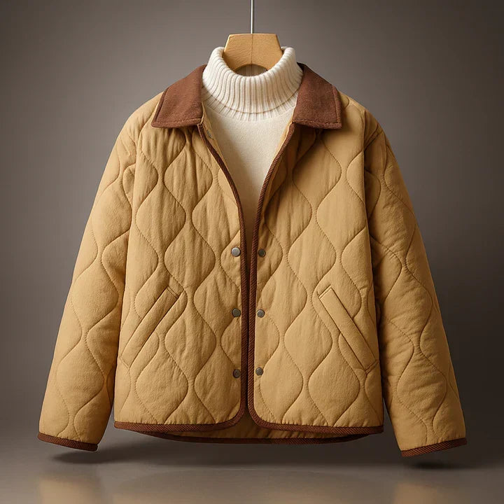 Men's Quilted Jacket with Corduroy Point Collar and Snap Front Closure 0