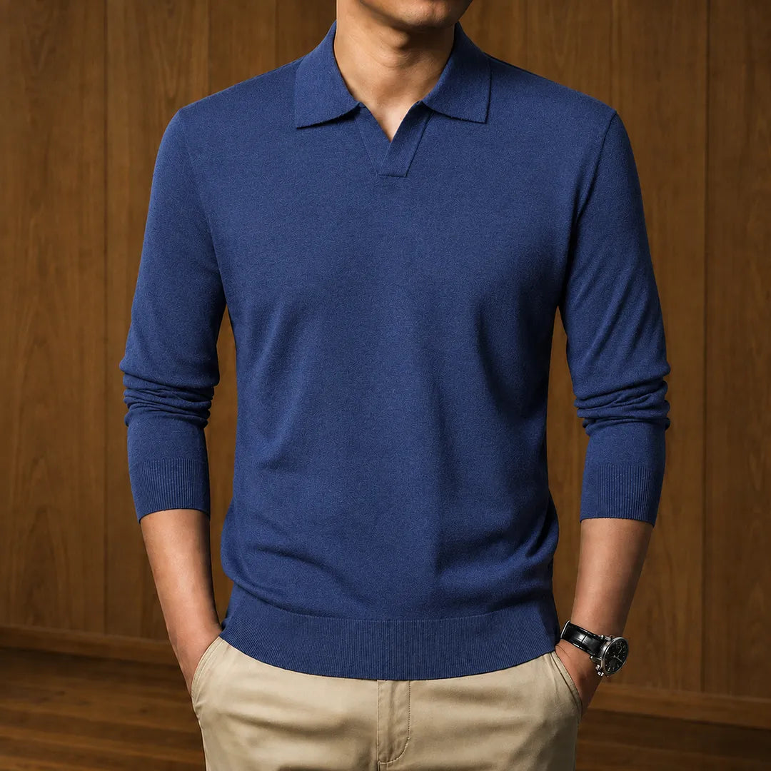 Men's Ribbed Knit Long-Sleeve Polo Sweater with V-Neck Placket 4