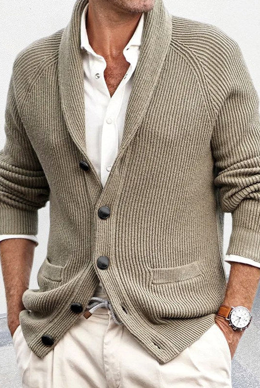 Men's Ribbed Shawl Collar Button-Up Cardigan with Patch Pockets 0