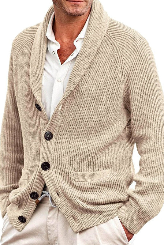 Men's Ribbed Shawl Collar Button-Up Cardigan with Patch Pockets 1