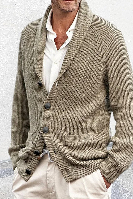 Men's Ribbed Shawl Collar Button-Up Cardigan with Patch Pockets 2