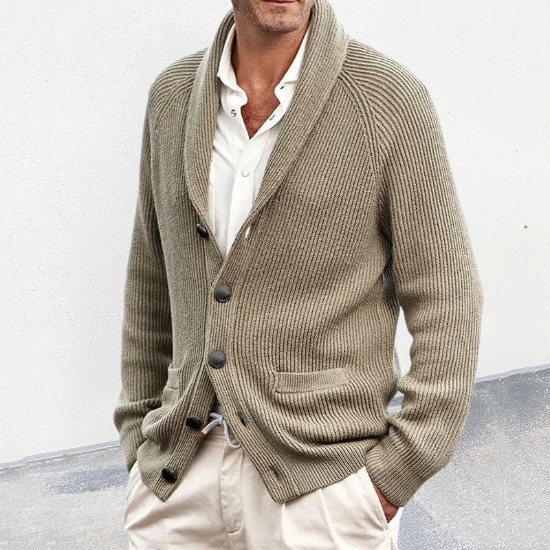 Men's Ribbed Shawl Collar Button-Up Cardigan with Patch Pockets 2