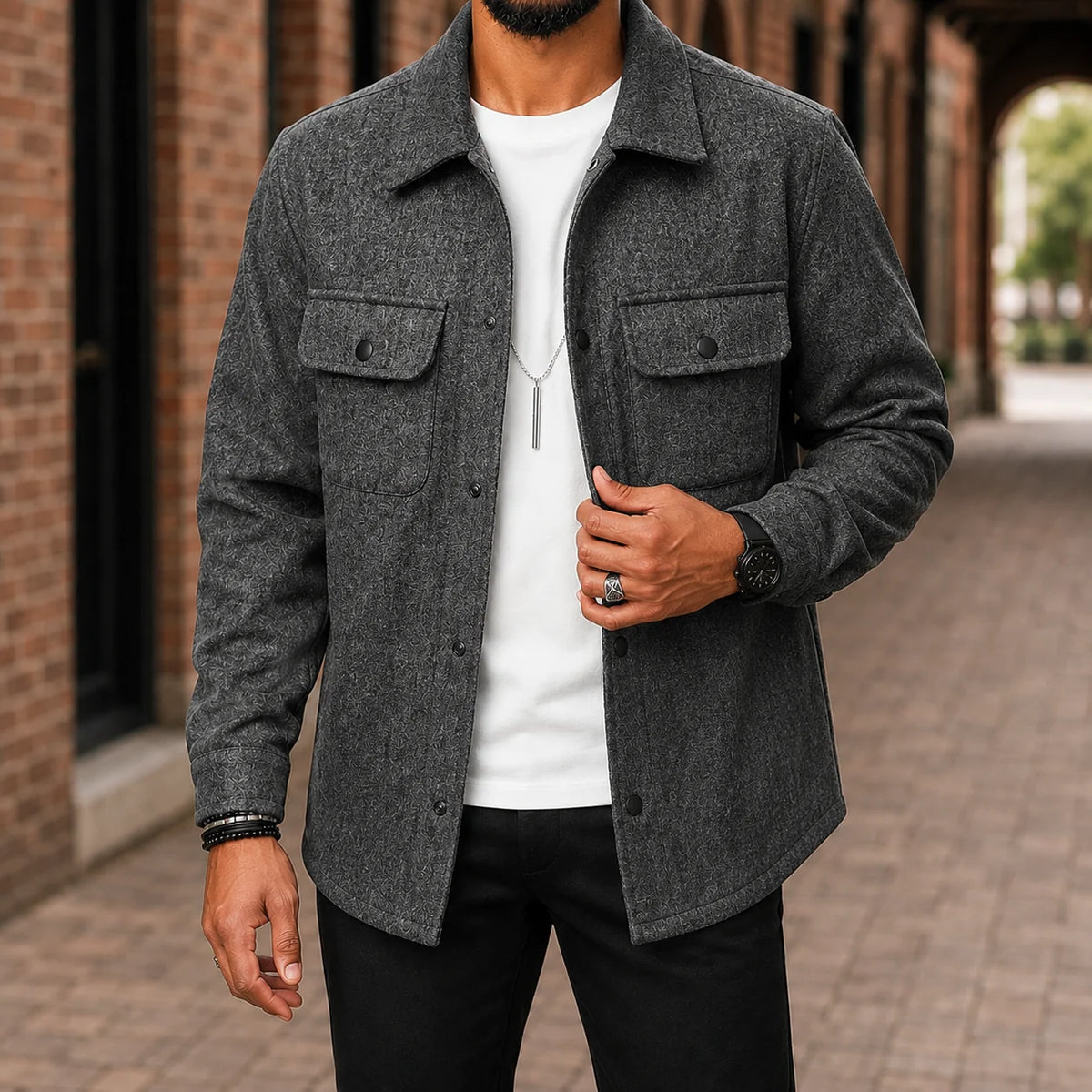 Men's Shirt Jacket with Snap Front and Flap Pockets 2