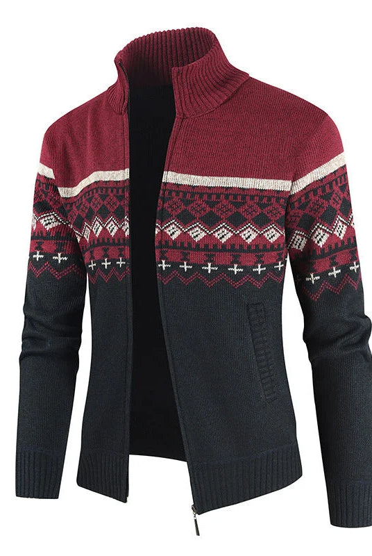 Men's Slim-Fit Stand Collar Zip Cardigan with Winter Pattern 0