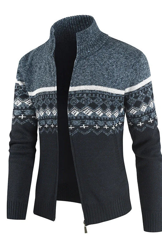 Men's Slim-Fit Stand Collar Zip Cardigan with Winter Pattern 1