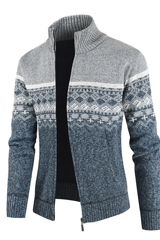 Men's Slim-Fit Stand Collar Zip Cardigan with Winter Pattern 2