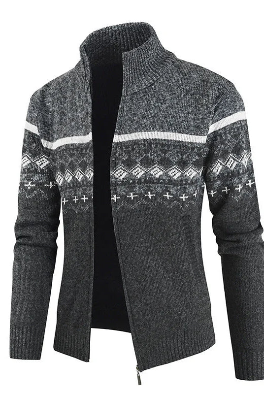 Men's Slim-Fit Stand Collar Zip Cardigan with Winter Pattern 3
