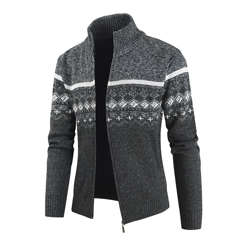 Men's Slim-Fit Stand Collar Zip Cardigan with Winter Pattern 3