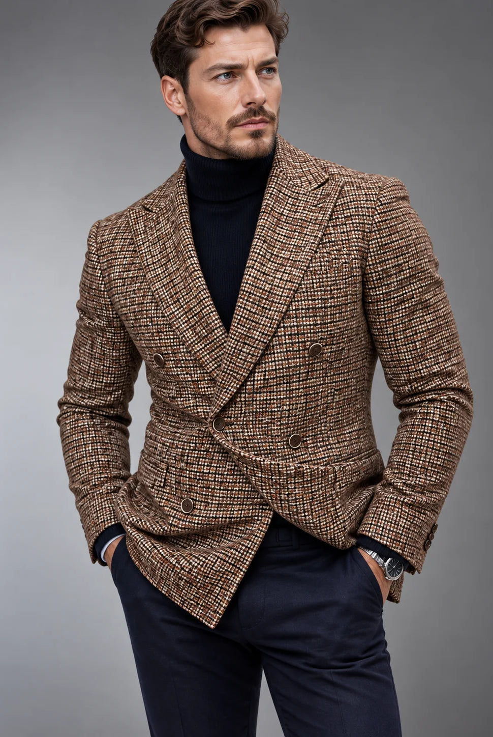 Men's Slim Fit Double-Breasted Checked Blazer Jacket 0
