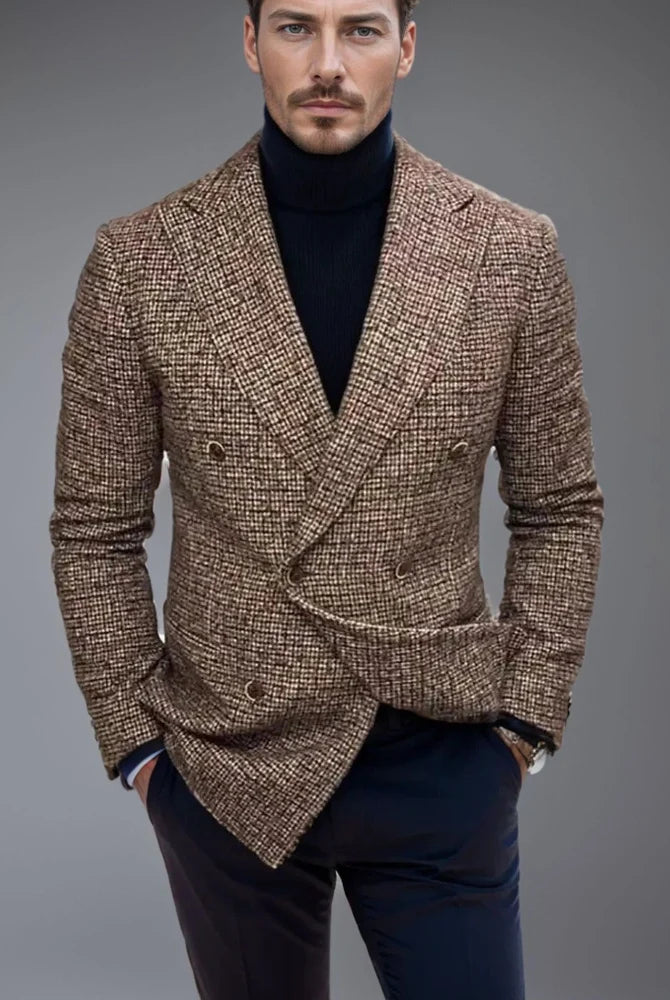Men's Slim Fit Double-Breasted Checked Blazer Jacket 1