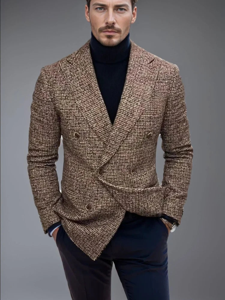 Men's Slim Fit Double-Breasted Checked Blazer Jacket 1