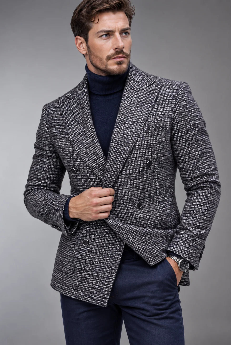 Men's Slim Fit Double-Breasted Checked Blazer Jacket 2