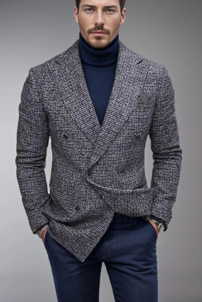 Men's Slim Fit Double-Breasted Checked Blazer Jacket 3