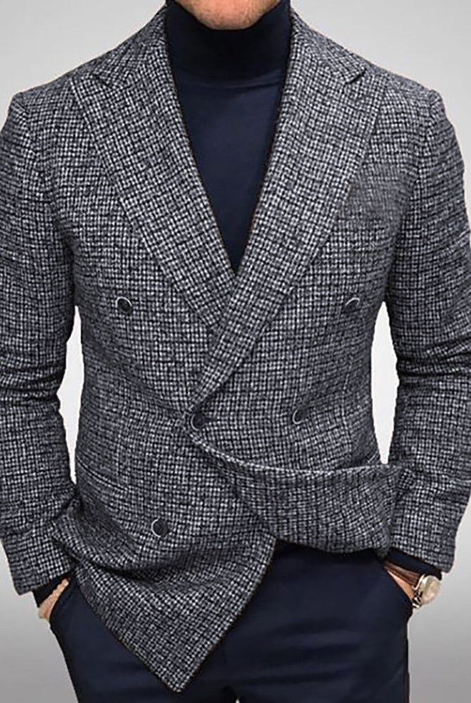Men's Slim Fit Double-Breasted Checked Blazer Jacket 5