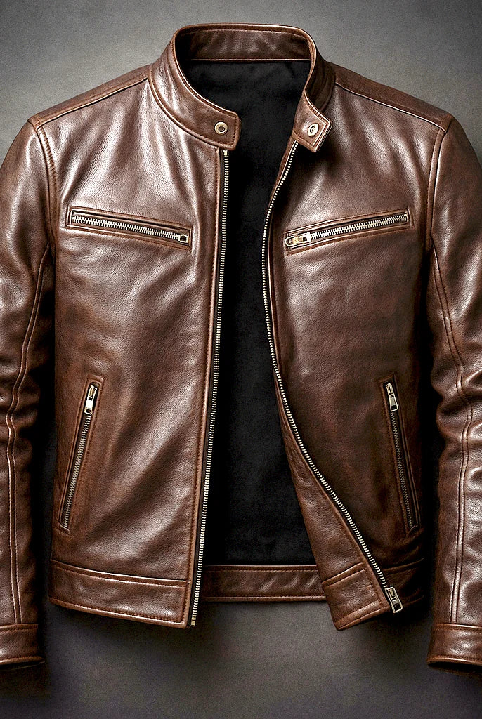 Men's Slim Fit Faux Leather Zipper Jacket with Four Pockets 0