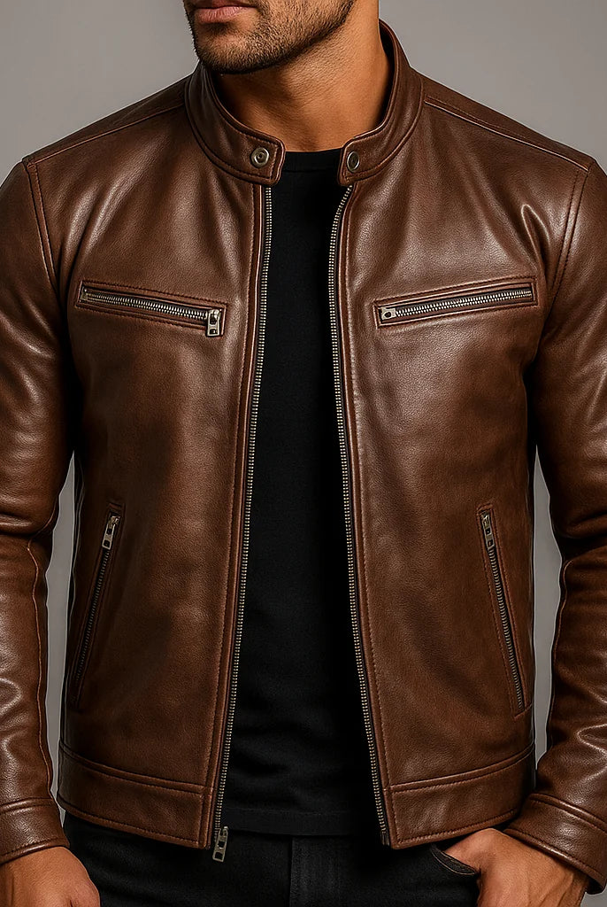 Men's Slim Fit Faux Leather Zipper Jacket with Four Pockets 4