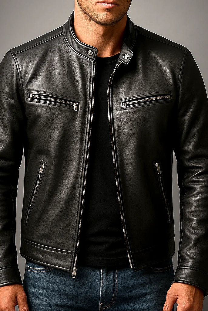 Men's Slim Fit Faux Leather Zipper Jacket with Four Pockets 5