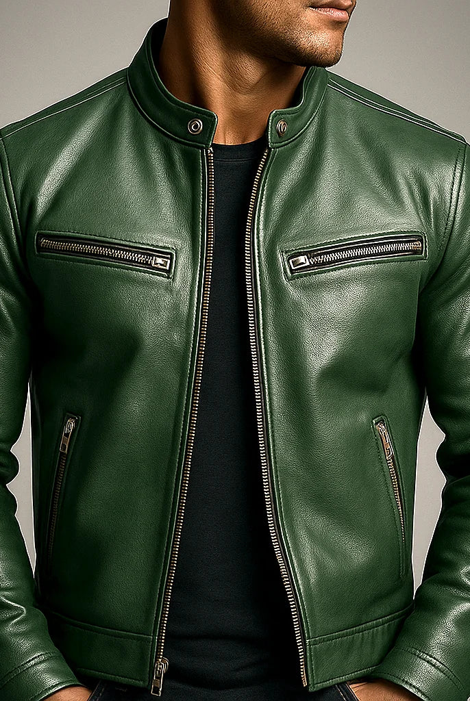 Men's Slim Fit Faux Leather Zipper Jacket with Four Pockets 6
