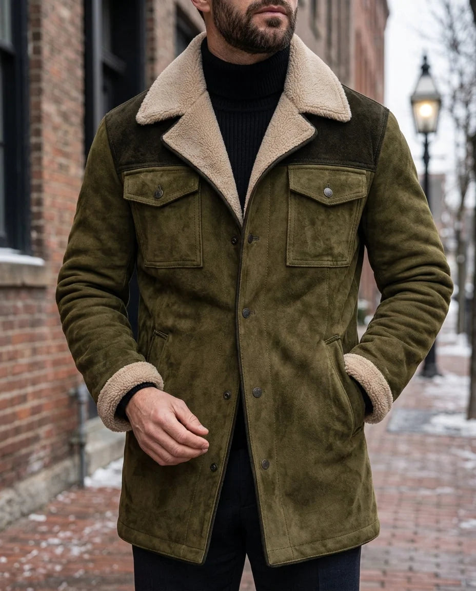 Men's Suede Coat with Plush Shearling Collar 1