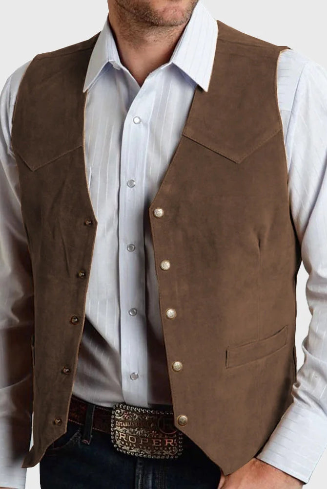 Men's Suede Western Snap-Front Vest with Tailored Fit and Functional Welt Pockets 0
