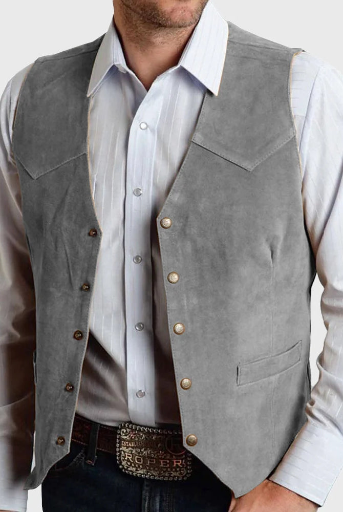 Men's Suede Western Snap-Front Vest with Tailored Fit and Functional Welt Pockets 2