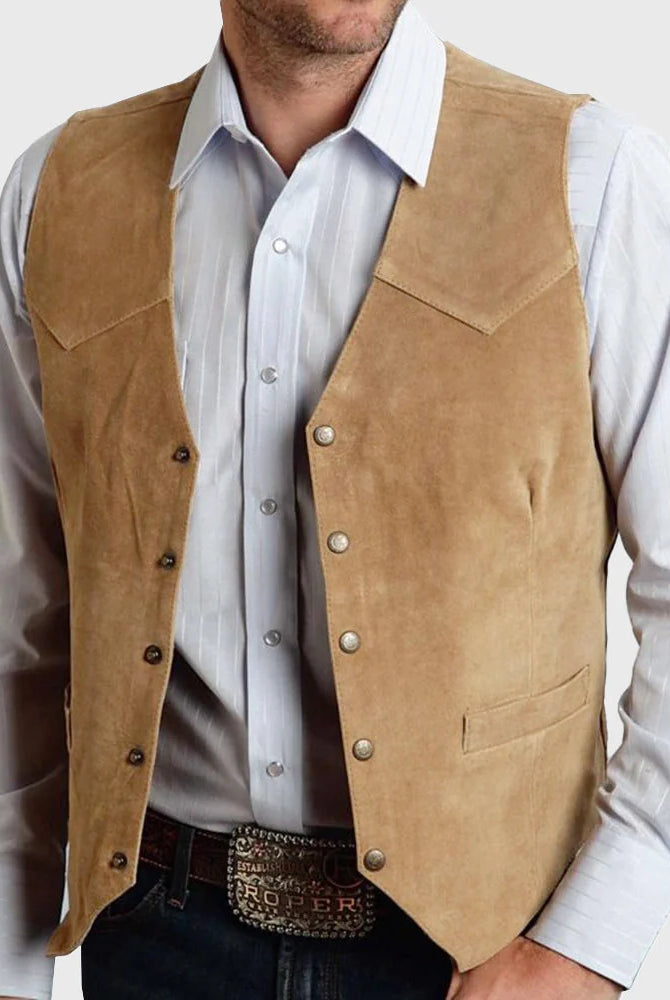 Men's Suede Western Snap-Front Vest with Tailored Fit and Functional Welt Pockets 3