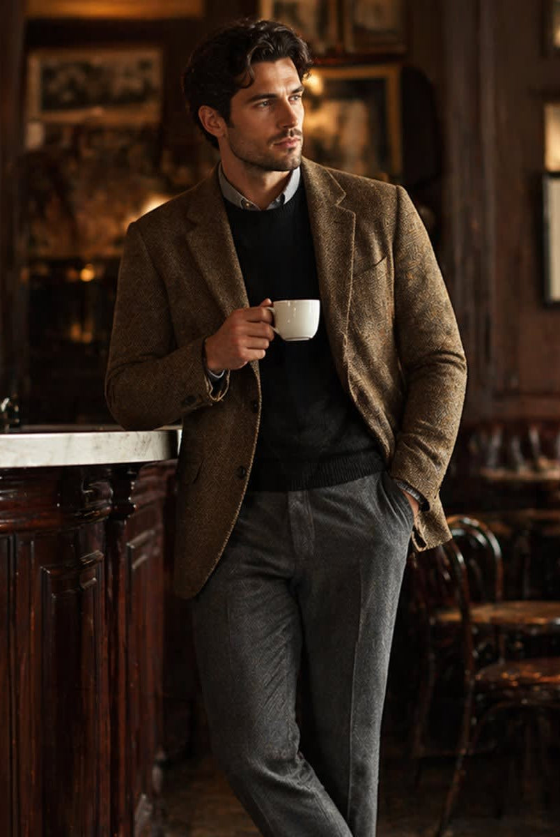 Men's Tailored Herringbone Wool-Blend Blazer 6
