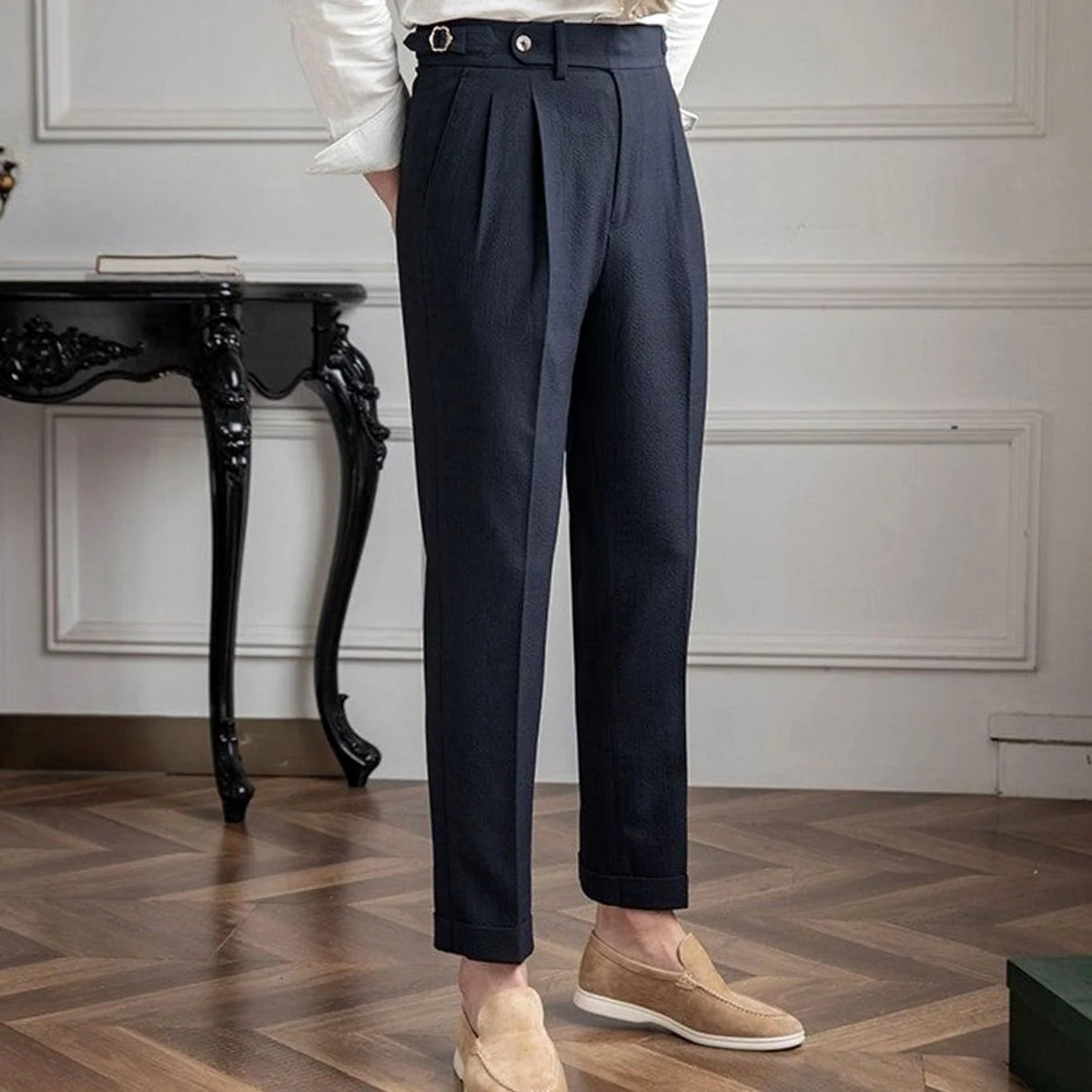 Men's Tailored High-Rise Pleated Trousers with Cuffed Hem 1