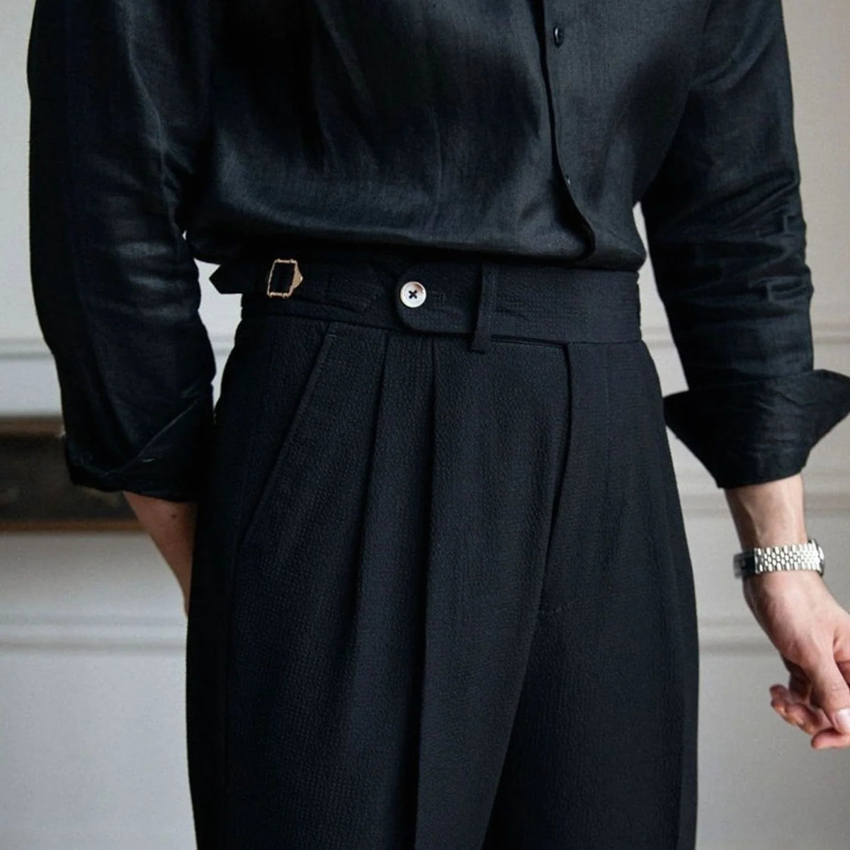 Men's Tailored High-Rise Pleated Trousers with Cuffed Hem 5