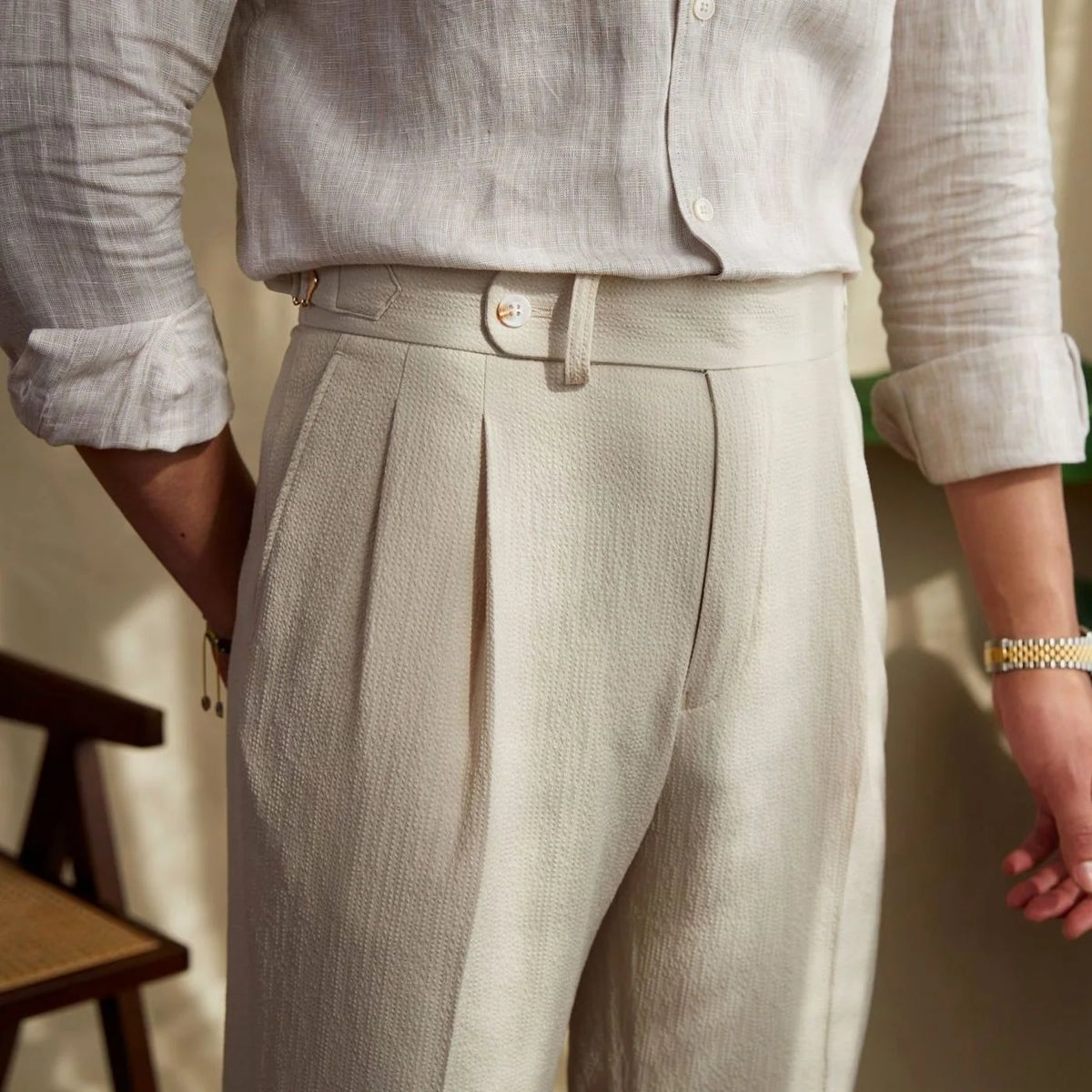 Men's Tailored High-Rise Pleated Trousers with Cuffed Hem 7