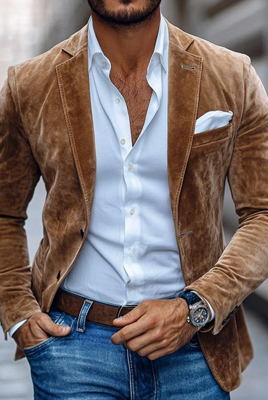 Men's Tailored Suede Blazer Jacket with Notched Lapel and Two-Button Closure 0