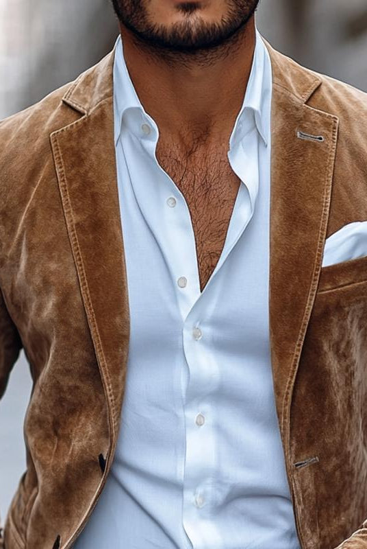 Men's Tailored Suede Blazer Jacket with Notched Lapel and Two-Button Closure 1