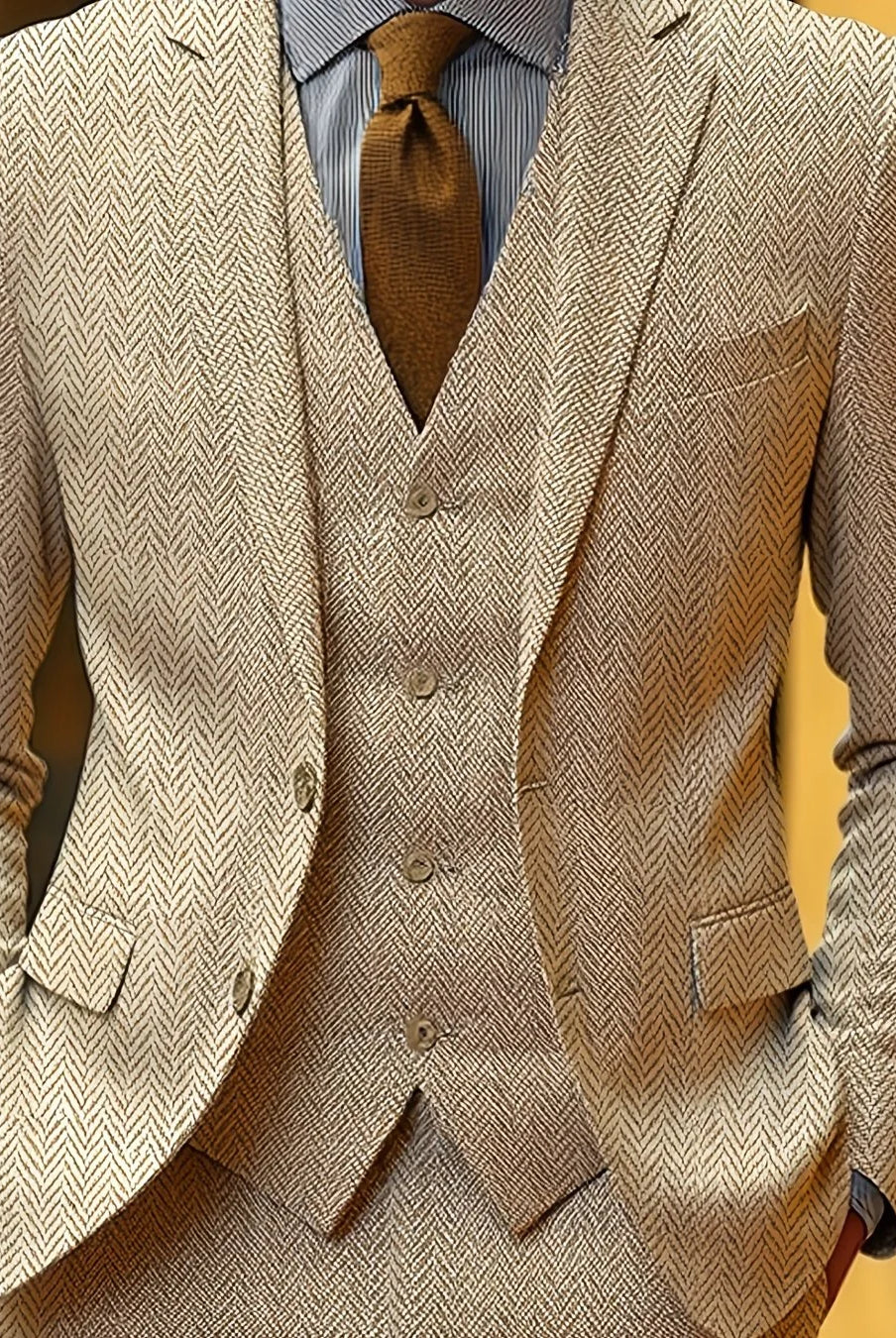 Men's Tailored Three-Piece Suit with Herringbone Pattern 0