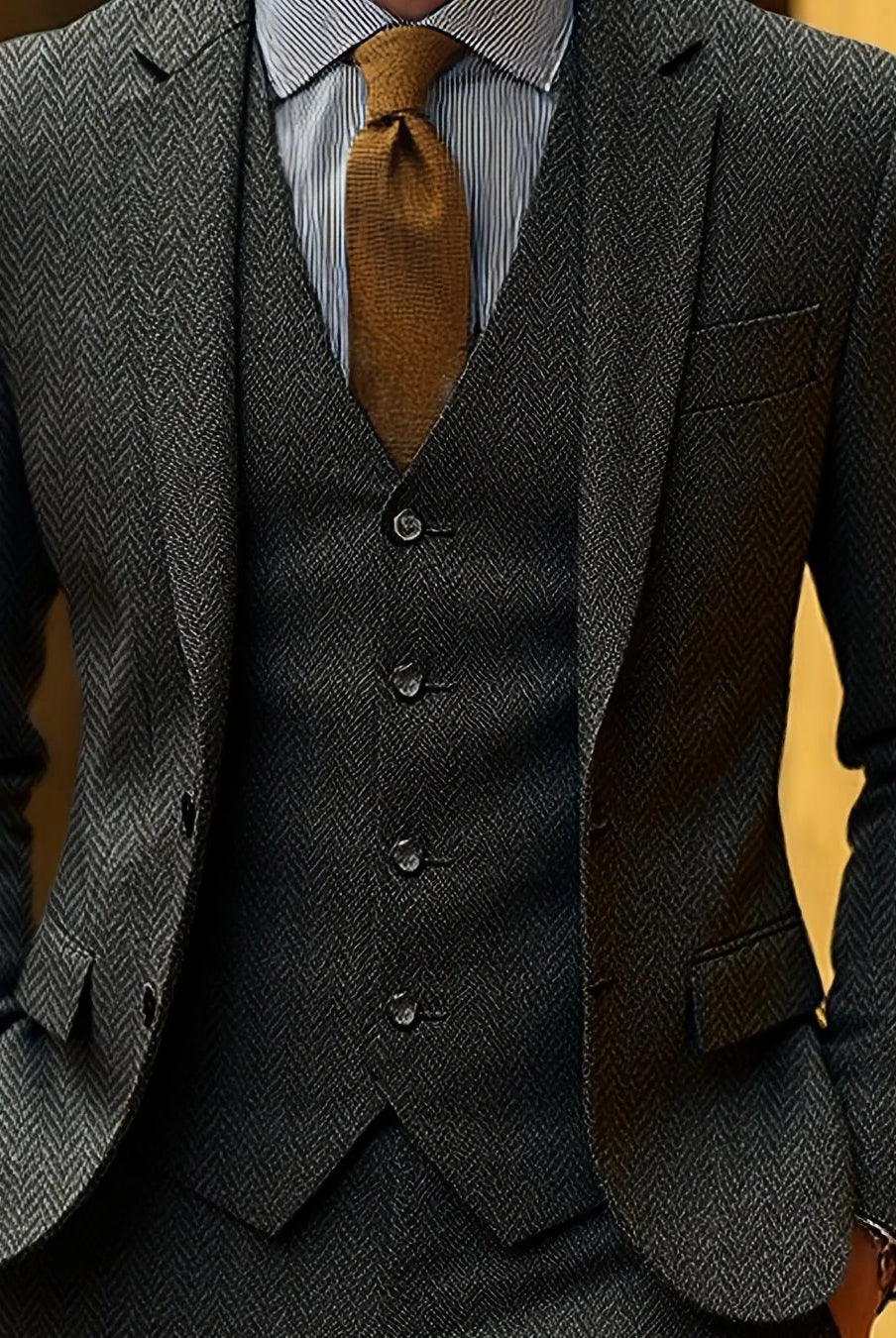 Men's Tailored Three-Piece Suit with Herringbone Pattern 11