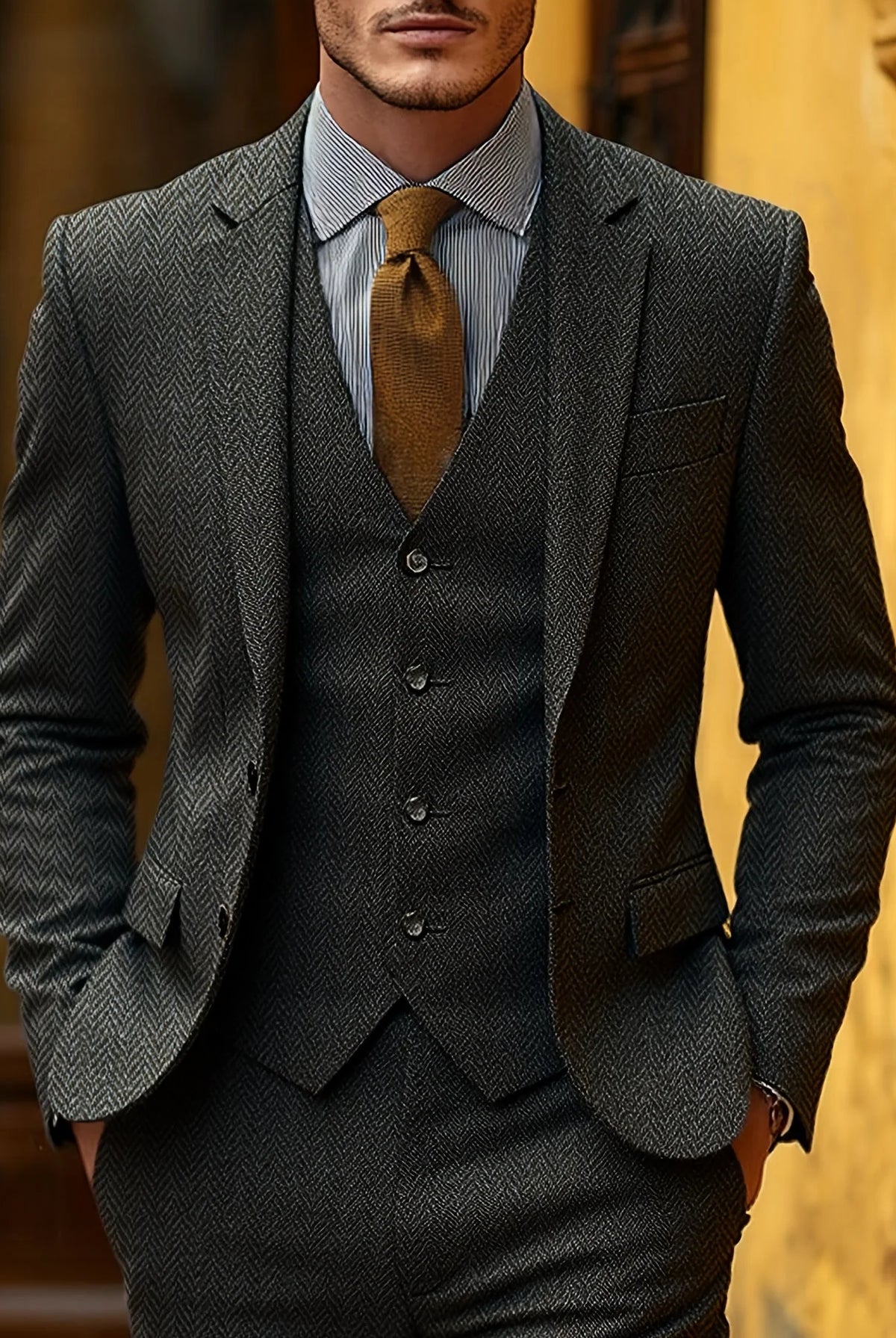 Men's Tailored Three-Piece Suit with Herringbone Pattern 2